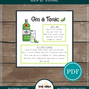 Gin and Tonic Cocktail Recipe Cross Stitch Pattern Digital Download, Cocktail Cross Stitch, Bar Decor, G & T