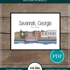 River Street Savannah Georgia Digital Cross Stitch Pattern Download, Honeymoon, Wedding Cross Stitch