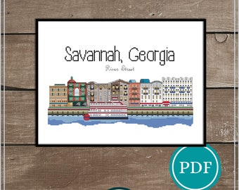 River Street Savannah Georgia Digital Cross Stitch Pattern Download, Honeymoon, Wedding Cross Stitch
