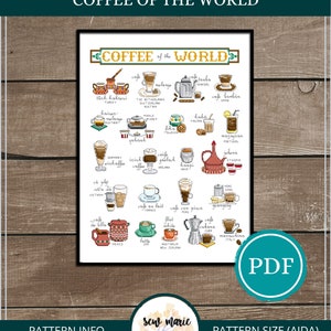 Coffee of the World Cross Stitch Pattern Digital Download, Gift for Her, Traveler, Coffee Lover, Gift for Him, Home Decor, Wall Decor