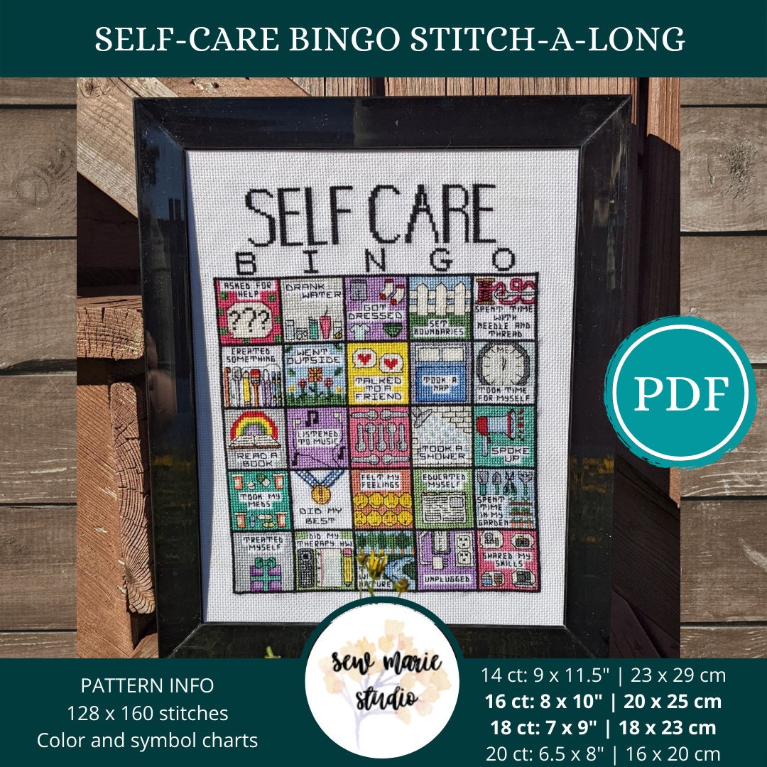 Self-Care Bingo Stitch-A-Long, Self Care, Bingo Cross Stitch, SAL