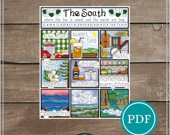The South Sampler Cross Stitch Digital Download, Southern Region Sampler, Modern Southern Culture Cross Stitch Pattern