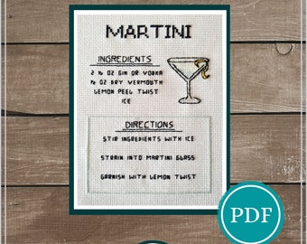 Martini Recipe Cross Stitch Pattern Digital Download, Cocktail Cross Stitch, Bar Decor, Cocktail Recipe