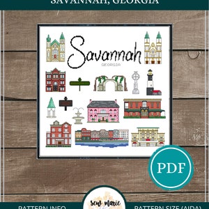 Puede incluir: Un patrón de punto de cruz contado para una representación colorida de Savannah, Georgia. El patrón incluye una variedad de edificios, incluyendo iglesias, casas y un faro. El patrón está disponible para descarga instantánea en formato PDF. El tamaño del patrón es de 182 x 182 puntos y se puede bordar en tela Aida de 14, 16 o 18 hilos.