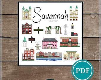 Savannah Georgia Digital Cross Stitch Pattern Download, Honeymoon, Wedding Cross Stitch