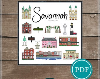 Savannah Georgia Digital Cross Stitch Pattern Download, Honeymoon, Wedding Cross Stitch