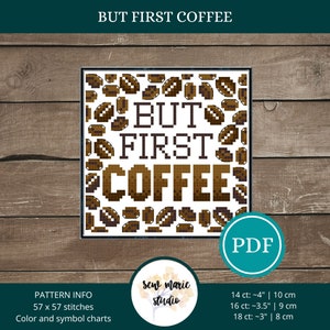 Patrón de punto de cruz "Pero primero, café", diseño moderno (descarga digital)