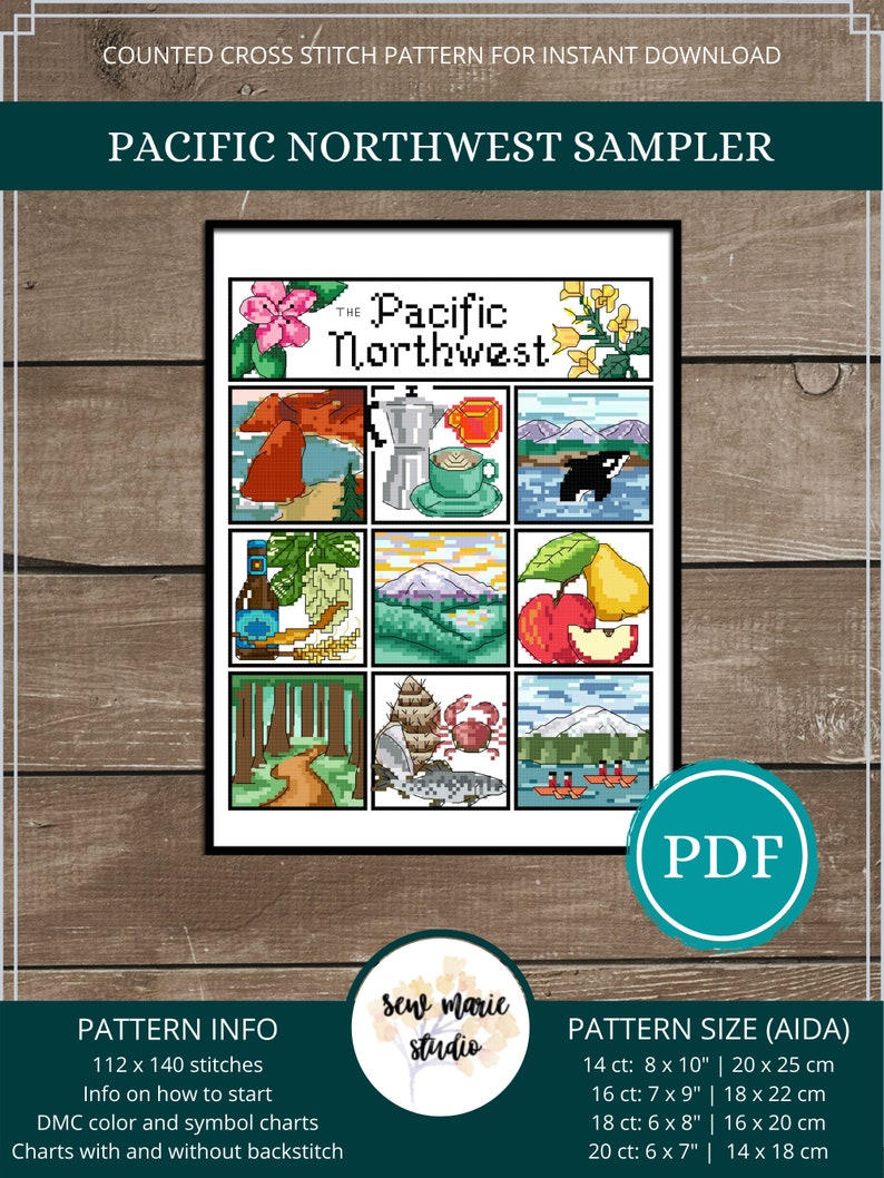 Pacific Northwest Sampler Cross Stitch Digital Download, PNW Region Sampler, Cascadia Cross Stitch Pattern, Oregon, Washington image 1