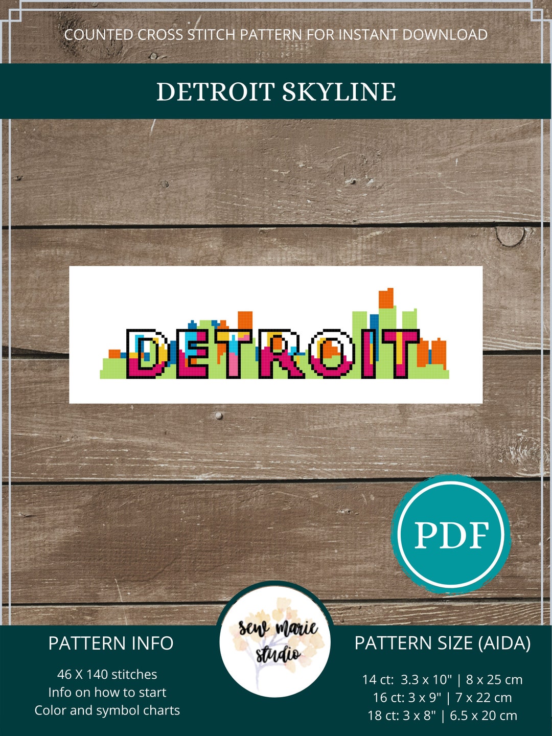 Detroit Skyline Cross Stitch Pattern, Modern Cityscape (PDF Download ...