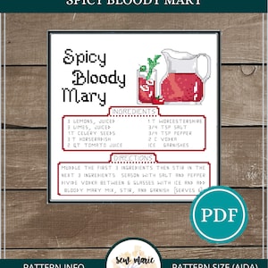 Spicy Bloody Mary Cocktail Recipe Cross Stitch Pattern Digital Download, Cocktail Cross Stitch, Bar Decor