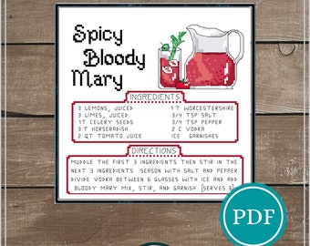 Spicy Bloody Mary Cocktail Recipe Cross Stitch Pattern Digital Download, Cocktail Cross Stitch, Bar Decor
