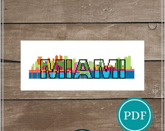 Miami Skyline Digital Cross Stitch Pattern Download, PDF Cross Stitch Pattern, Cityscape Cross Stitch Pattern, Modern Cross Stitch