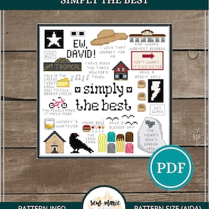 May include: A counted cross stitch pattern for a digital download titled "Simply the Best". The pattern features a variety of colorful images, including a crow, a house, a glass of whiskey, and a rose. The pattern is 112 stitches wide by 112 stitches high. The pattern is available in PDF format. The pattern is available in a variety of sizes, including 8 inches square, 7 inches square, and 6 inches square.