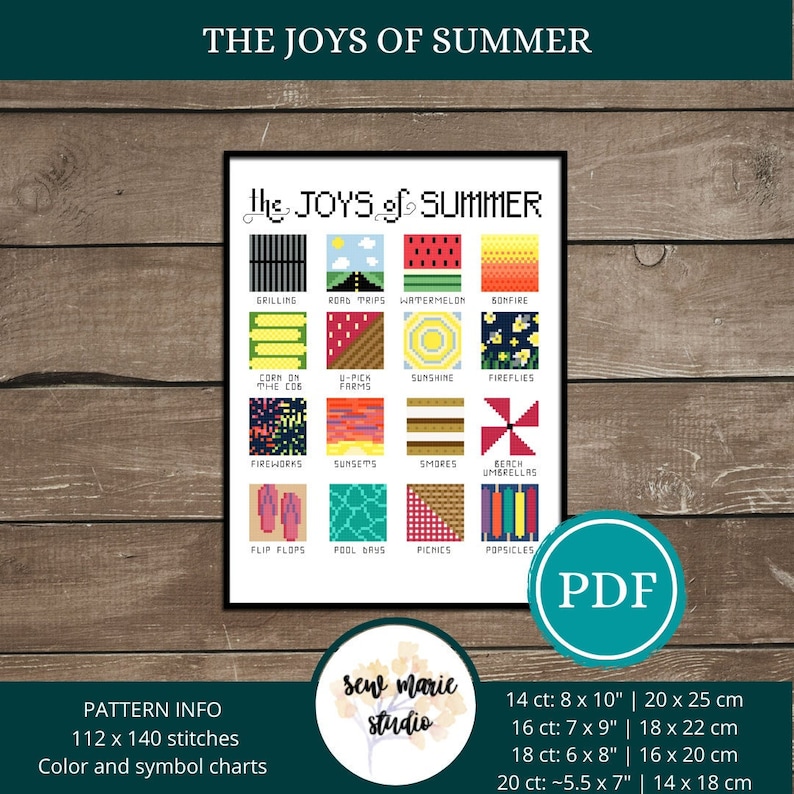 The Joys of Summer Cross Stitch Pattern Digital Download, Gift for Her, Gift for Him, Home Decor, Wall Decor image 1