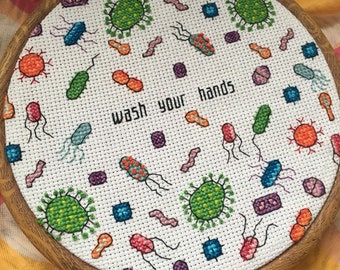 Wash Your Hands Cross Stitch Pattern Digital Download, Germs Cross Stitch, Science Cross Stitch, Nerdy Geeky Cross Stitch