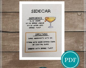 Sidecar Cocktail Recipe Cross Stitch Pattern Digital Download, Cocktail Cross Stitch, Bar Decor, Cognac