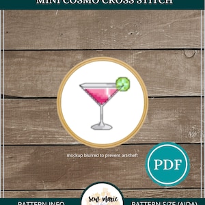 May include: A counted cross stitch pattern for a pink cosmo cocktail with a lime wedge. The pattern is 42 stitches by 42 stitches and is available in PDF format. The pattern is for a mini cosmo cross stitch project.