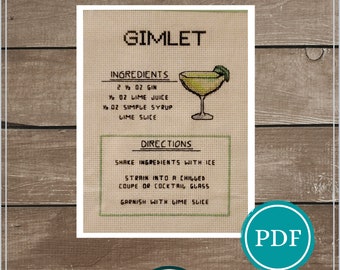 Gimlet Cocktail Recipe Cross Stitch Pattern Digital Download, Cocktail Cross Stitch, Bar Decor, Gin