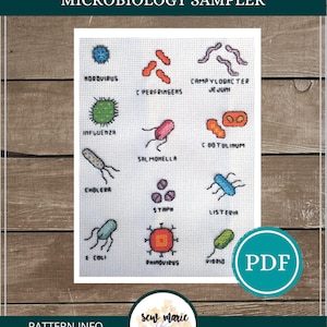 Microbiology Sampler Digital Cross Stitch Pattern Download, Science Cross Stitch, Biology, Microbes, Germs