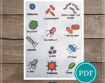 Microbiology Sampler Digital Cross Stitch Pattern Download, Science Cross Stitch, Biology, Microbes, Germs