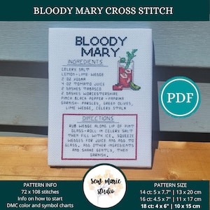 Bloody Mary Cocktail Recipe Cross Stitch Pattern Digital Download, Cocktail Cross Stitch, Bar Decor, Vodka