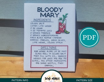 Bloody Mary Cocktail Recipe Cross Stitch Pattern Digital Download, Cocktail Cross Stitch, Bar Decor, Vodka