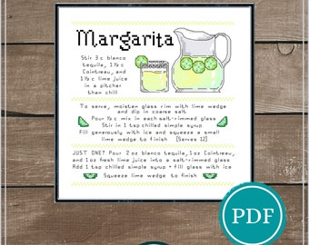 Margarita #2 Cocktail Recipe Cross Stitch Pattern Digital Download, Cocktail Cross Stitch, Bar Decor