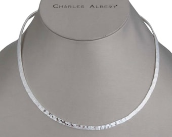 Charles Albert 4 mm Flat Round Hammered Neck Wire Open to the Back and created in Plated Sterling Silver