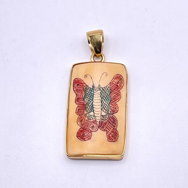 Charles Albert Scrimshaw Etched Bone Butterfly Pendant bezel set in their Signature Alchemia Gold