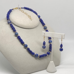 Blue Lapis Lazuli Beaded Necklace with 14K Gold Fill Accents and Lobster Clasp