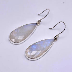 Charles Albert Rainbow Moonstone Faceted Teardrop Shaped Cabochon Drop Earrings Bezel set in Fine Sterling Silver on French Ear Wires