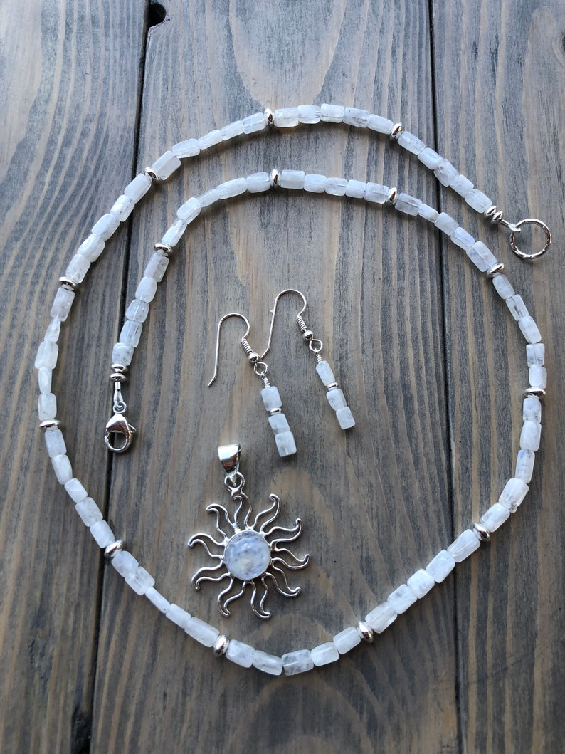 Rainbow Moonstone Beaded Necklace with a Charles Albert Moonstone Sun Detachable Pendant in Fine Sterling Silver