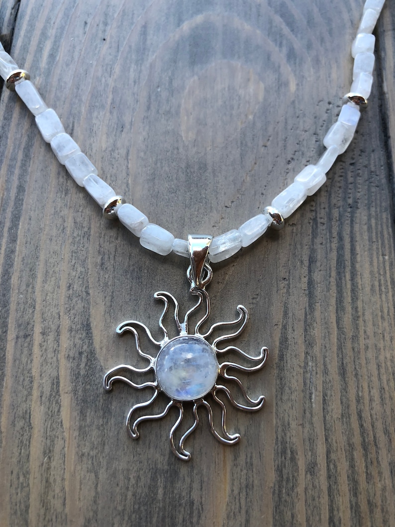 Rainbow Moonstone Beaded Necklace with a Charles Albert Moonstone Sun Detachable Pendant in Fine Sterling Silver
