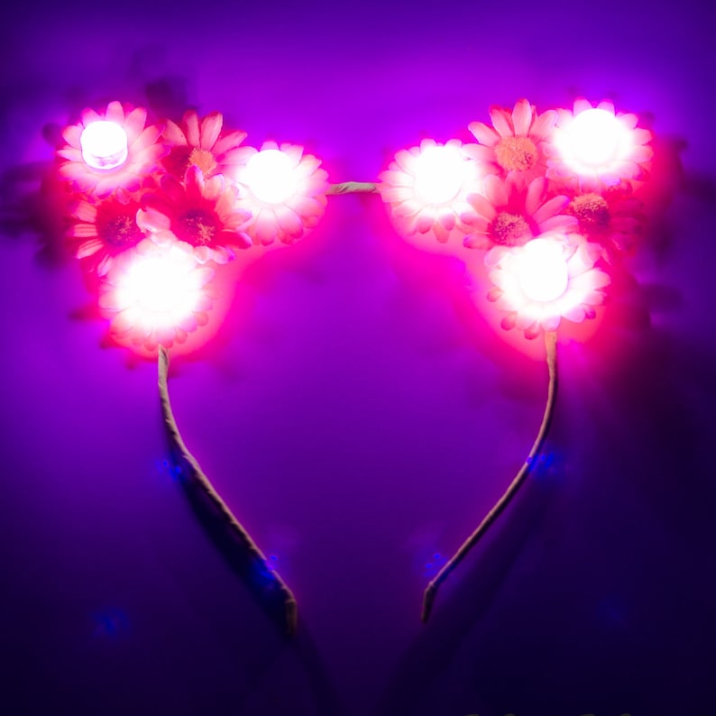 LED Headband Customizable Pink LED Cat Ear Headband Kitty Ears Cat Costume Rave Headband Rave Wear Rave Costume Floral Cat Ears