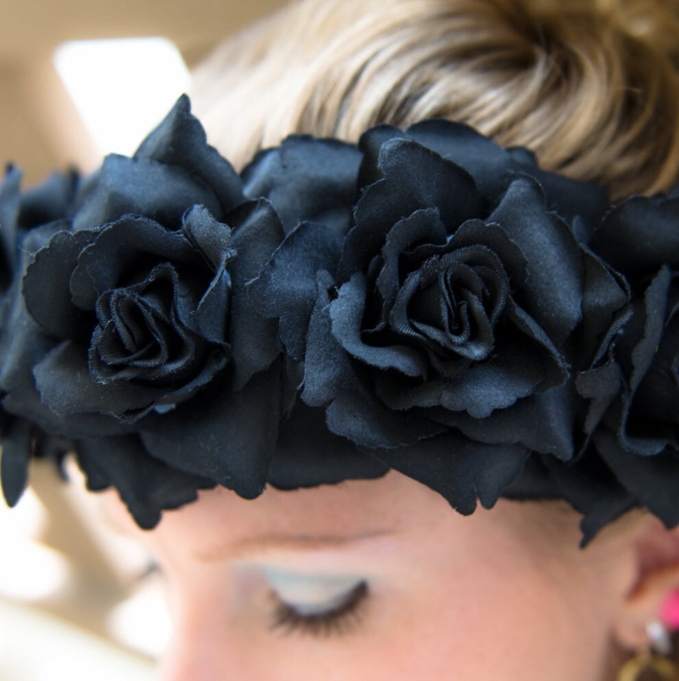 Black Rose Flower Crown Flower Headband Halloween Headband Etsy