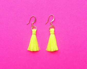 Neon Yellow Mini Tassel Earrings with Gold Plated Ear Wires