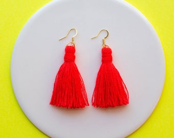 Bright Red Tassel Earrings with Gold Earring Wire