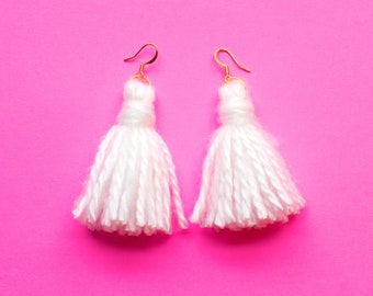 Fuzzy Ultra-Soft White Tassel Earrings with Gold Ear Wires