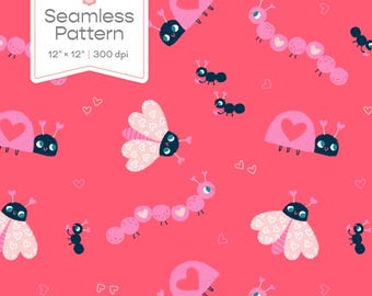 Love Bugs Seamless Pattern, Ladybugs, Valentines Day, Commercial Use Fabric Print (Digital Art File)