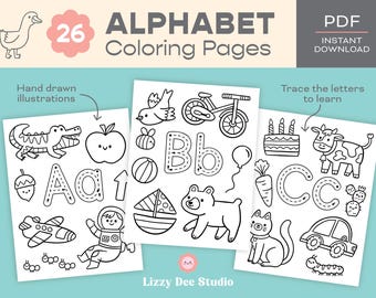 ABC Alphabet Coloring Pages, Printable Activity for Preschool Kids, PDF Instant Download