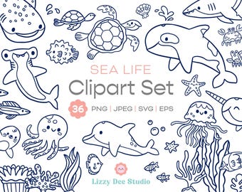 Sea Life Doodles Clipart Set, Nursery Decor (svg, eps, png, jpeg Bundle)