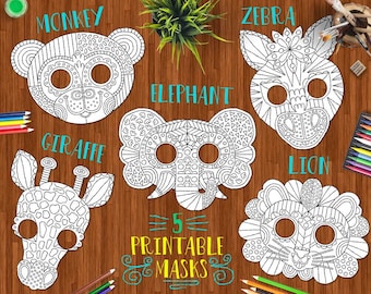 Safari Animals Printable DIY Masks – cute, lion, giraffe, elephant, zebra, monkey, adult coloring, coloring