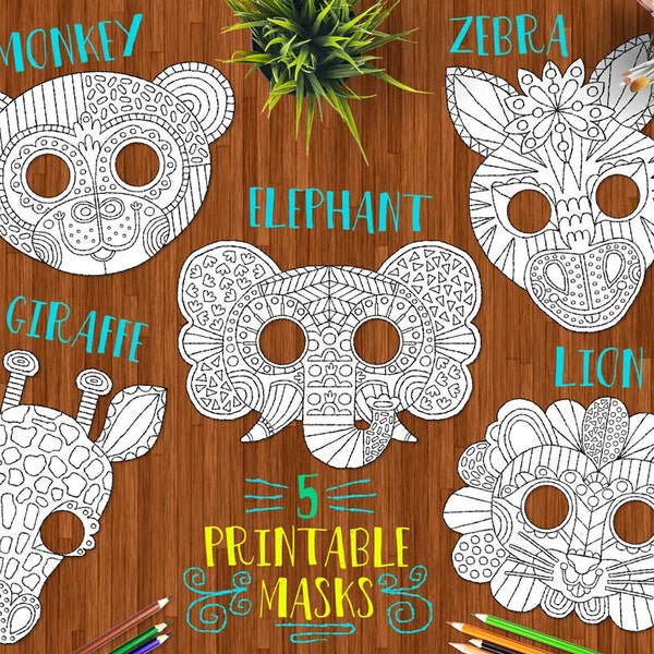 Safari Animals Printable DIY Masks – cute, lion, giraffe, elephant, zebra, monkey, adult coloring, coloring