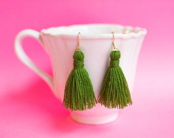 Olive Green Tassel Earrings with Gold Ear Wires