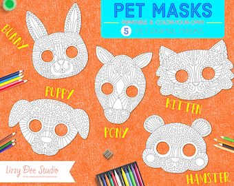 Pet Animals Printable DIY Masks – cute, rabbit, bunny, puppy, dog, kitten, cat, hamster, pony, horse, adult coloring, coloring
