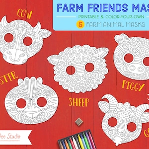 Farm Animals Printable DIY Masks – cute, cow, rooster, sheep, pig, goat adult coloring, coloring
