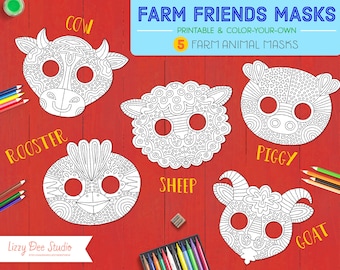 Farm Animals Printable DIY Masks – cute, cow, rooster, sheep, pig, goat adult coloring, coloring