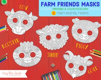 Farm Animal Masks – Printable DIY Coloring, Party Masks (PDF Pattern)