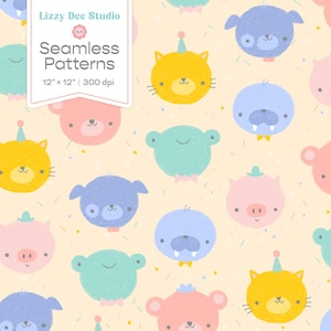 May include: A repeating pattern of cartoon animal faces in pastel colours, including cats, dogs, bears, and seals, with party hats and bow ties. The background is a light yellow with confetti. The text "Seamless Patterns" is visible.