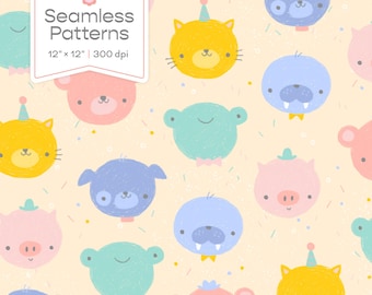 Animal Faces Seamless Pattern, Commercial Use Fabric Print (Digital Art File)